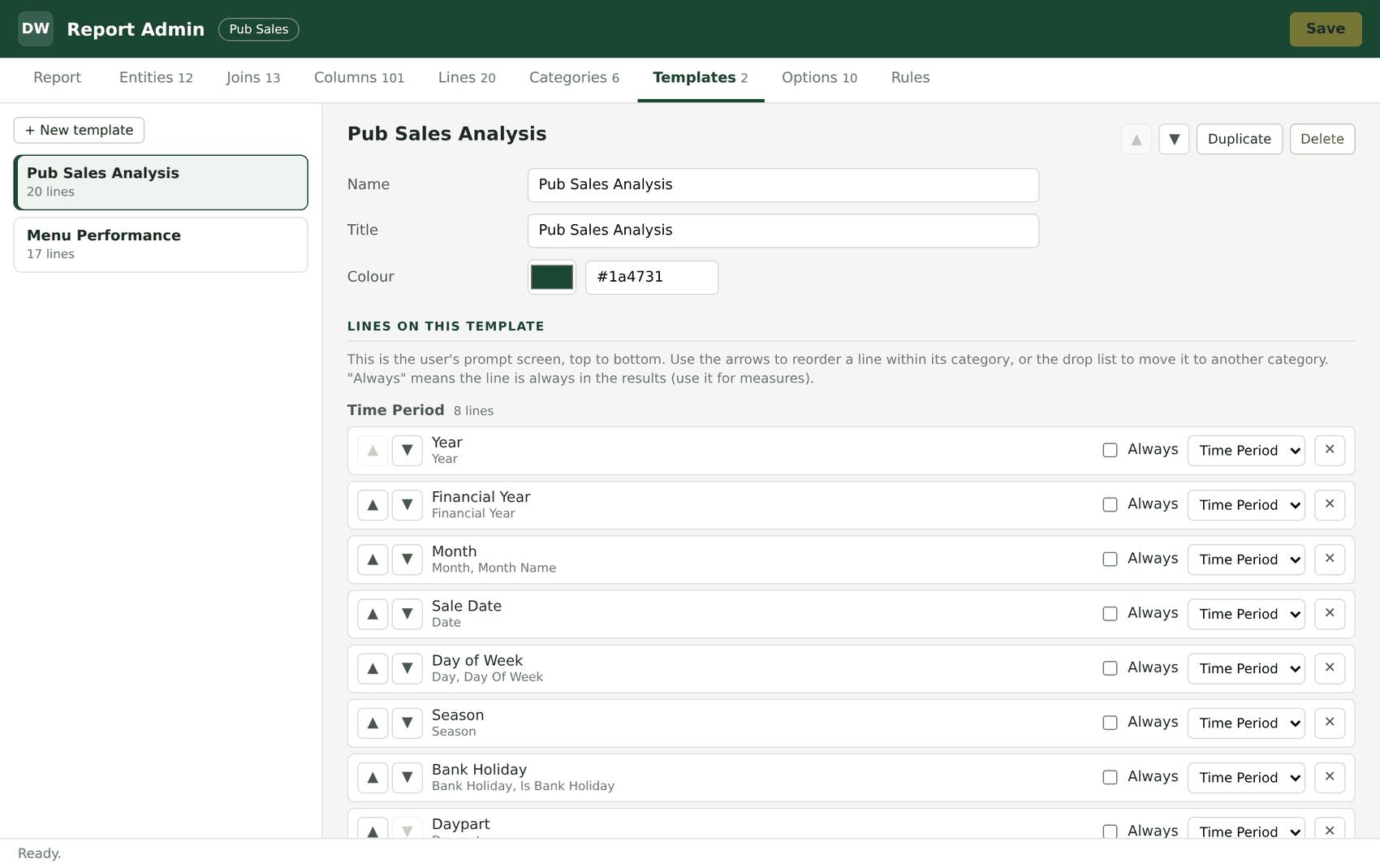 The Report Admin screen with tabs for Report, Entities, Joins, Columns, Lines, Categories, Templates, Options and Rules. The Templates tab is open, listing the lines of the Pub Sales Analysis template under the heading Time Period.